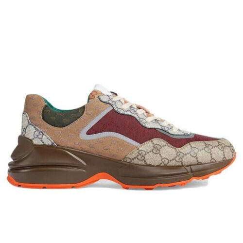Giày Gucci GG Rhyton sneaker Beige Brick Red and Brown vải CanvasJacquard