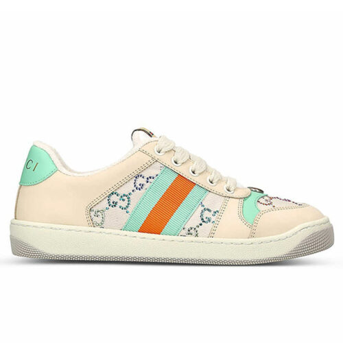 Giày Gucci Screener GG Beige Fabric With Multicolor Crystals