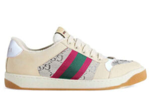 Giày Gucci Screener GG Cream Scrap Less Leather With White And Silver Light Lamé